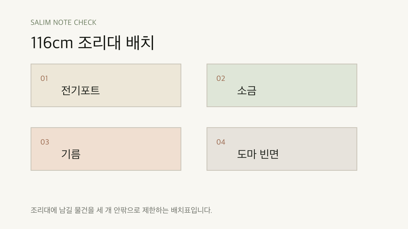 116cm 조리대 배치 점검표